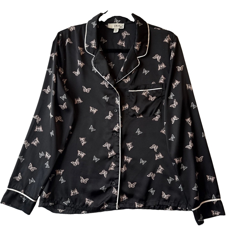 Como Sleep Butterfly Black Satin Pajama Notch Lapel Button Up Top M Y2K Coquette